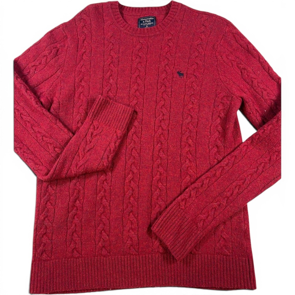 Abercrombie & Fitch Mens XL Red Cable Knit Wool Blend Sweater Moose Logo